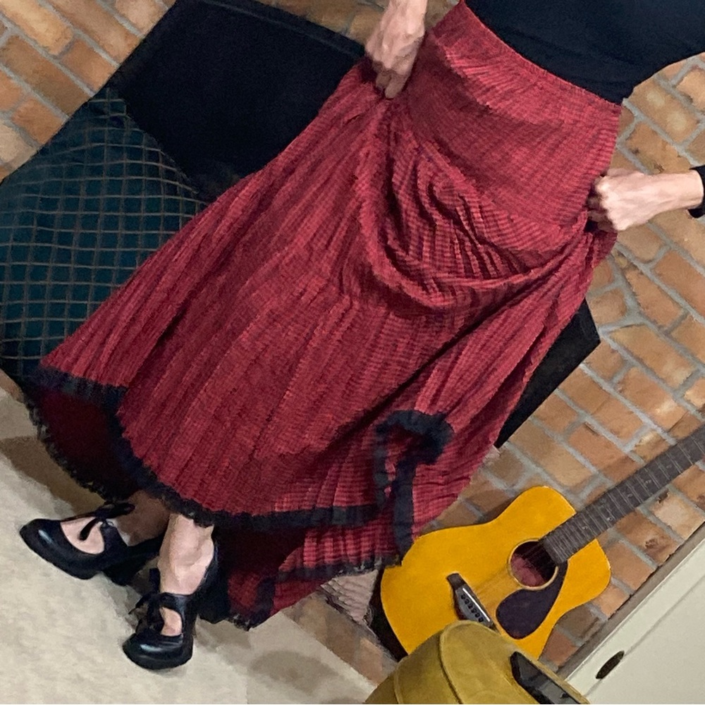 Handmade Ruffled Tiered Plaid Red Black Maxi Circle Skirt Mexican Gypsy Indie OS